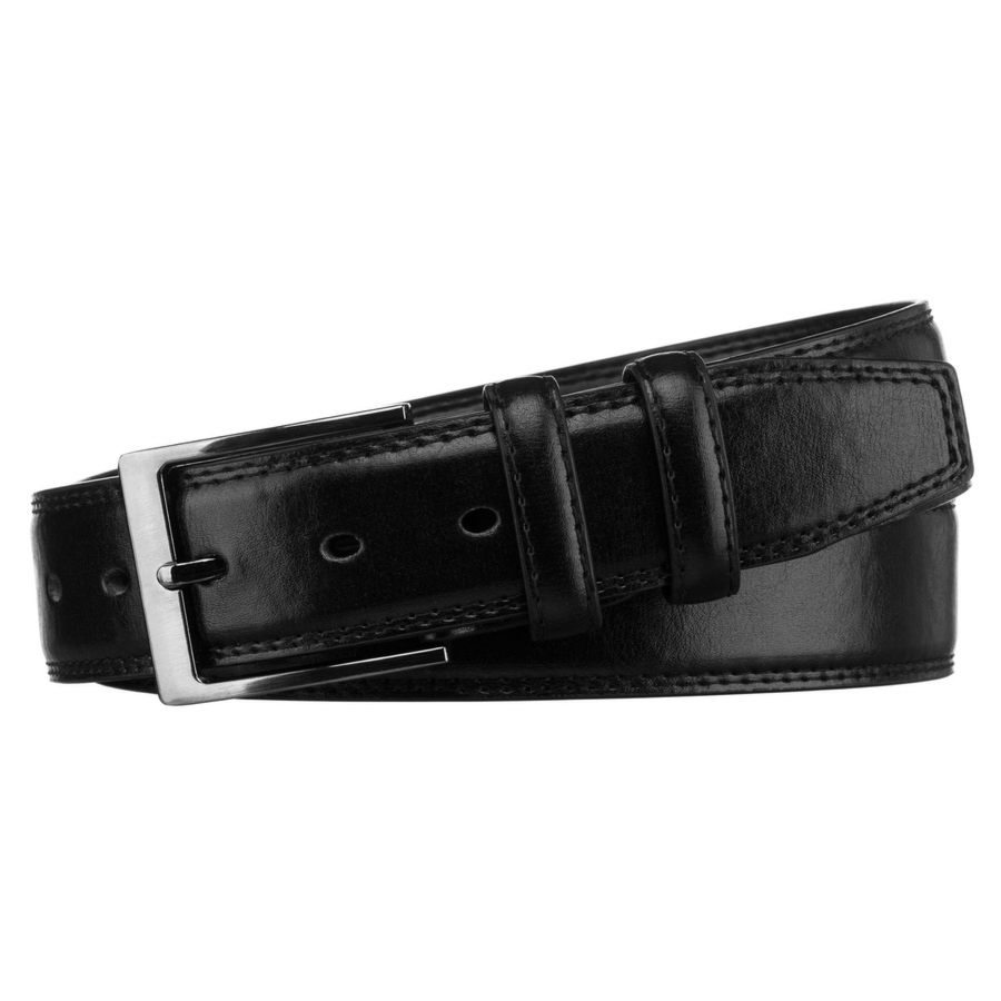Czarny pasek męski ze skóry ekologicznej ze srebrną, klasyczną klamrą