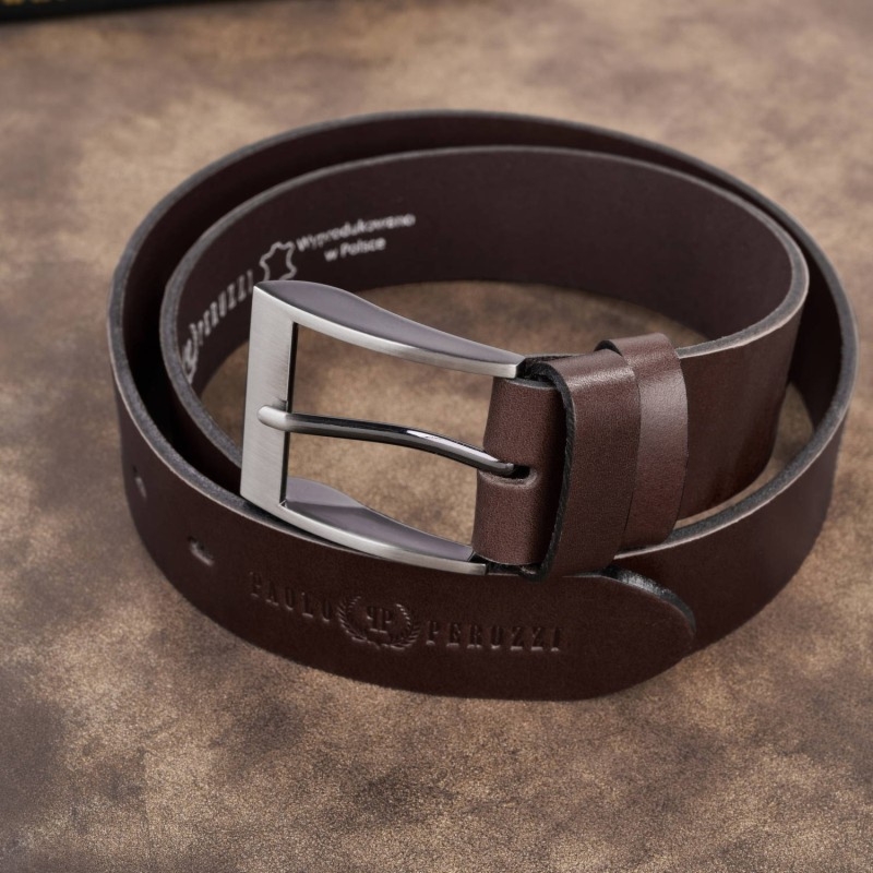 Pasek męski skórzany premium z klasyczną klamrą elegancki ciemnobrązowy 110 cm Paolo Peruzzi PG-08-DBR-110