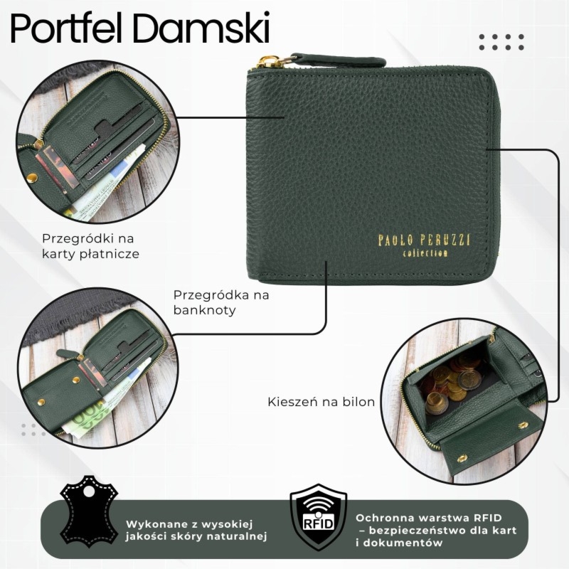 Portfel damski skórzany mały ciemnozielony w orientacji poziomej z RFID Paolo Peruzzi KV-04-DGR