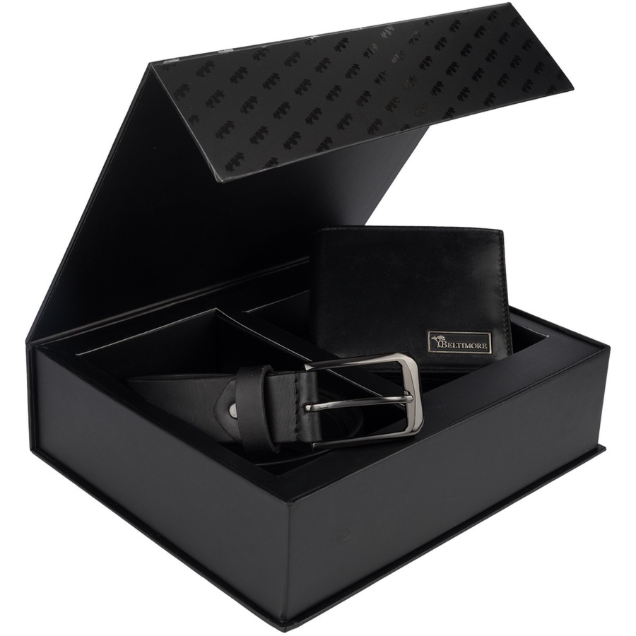 Zestaw prezentowy męski skórzany pasek portfel pudełko premium czarny Beltimore Z19