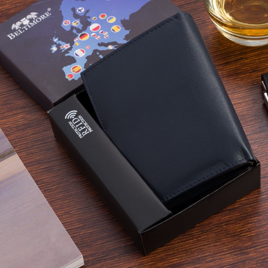 Męski portfel skórzany klasyczny granatowy pionowy Beltimore D49