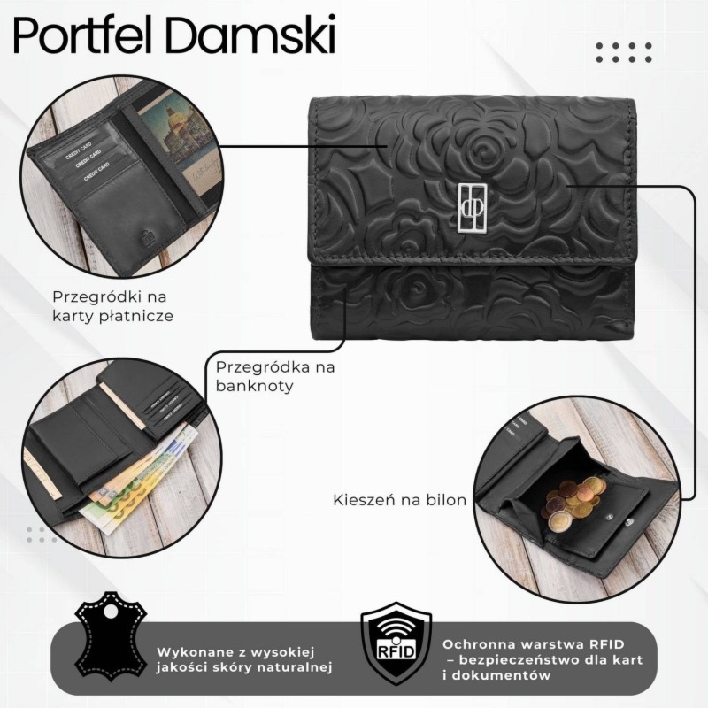Portfel damski skórzany czarny w orientacji poziomej RFID Paolo Peruzzi AL-15-BL