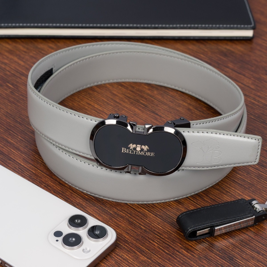 Pasek męski skórzany do spodni casual garnituru automat jasno szary Beltimore A39 : Kolory - szary, srebrny, Rozmiar pasków - r.110-125 cm