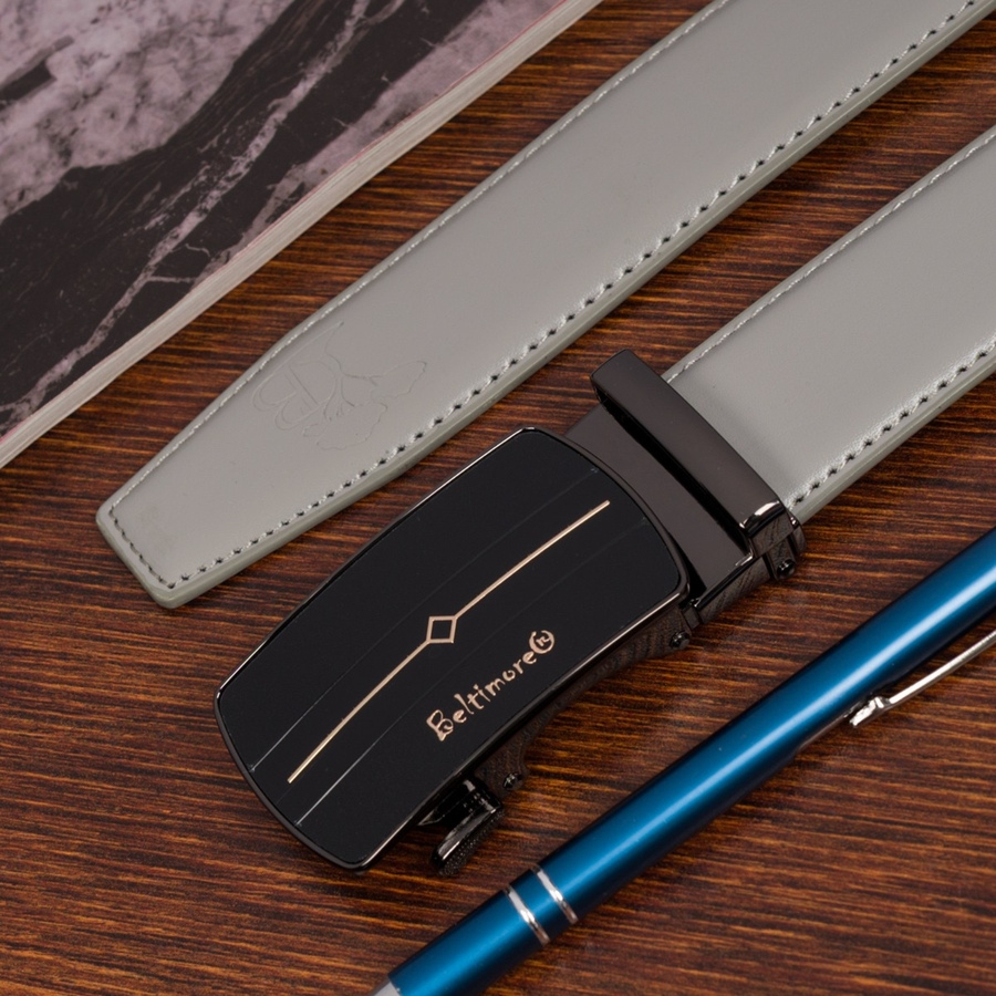 Pasek męski skórzany klamra automatyczna jasno szary Beltimore A43 : Kolory - szary, srebrny, Rozmiar pasków - r.115-130 cm