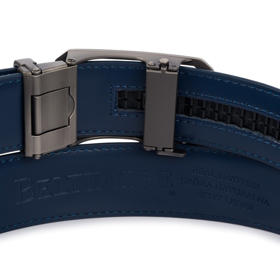 Pasek męski skórzany klamra automatyczna granatowy Beltimore A51 : Kolory - granatowy, Rozmiar pasków - r.110-125 cm