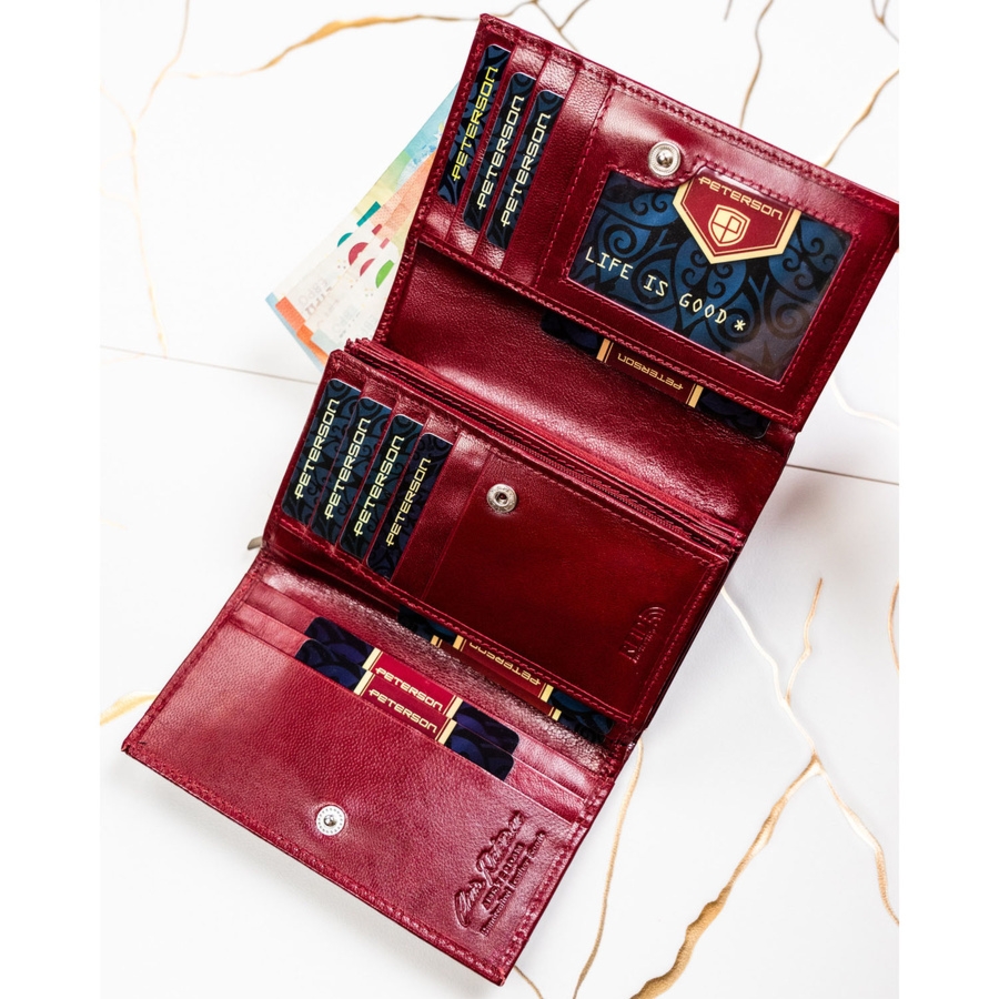 Skórzany, czerwony portfel damski zamykany na zatrzask PTN RD-22-NGV Peterson