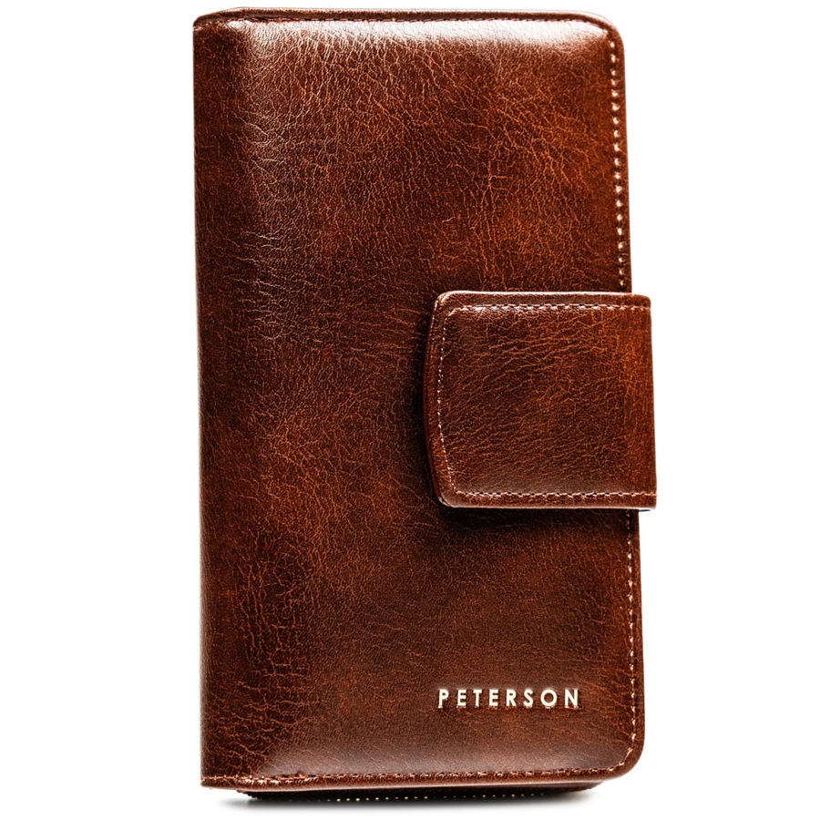 Portfel ze skóry ekologicznej w ciemnobrązowym kolorze, zamykany zatrzaskiem i suwakiem - Peterson