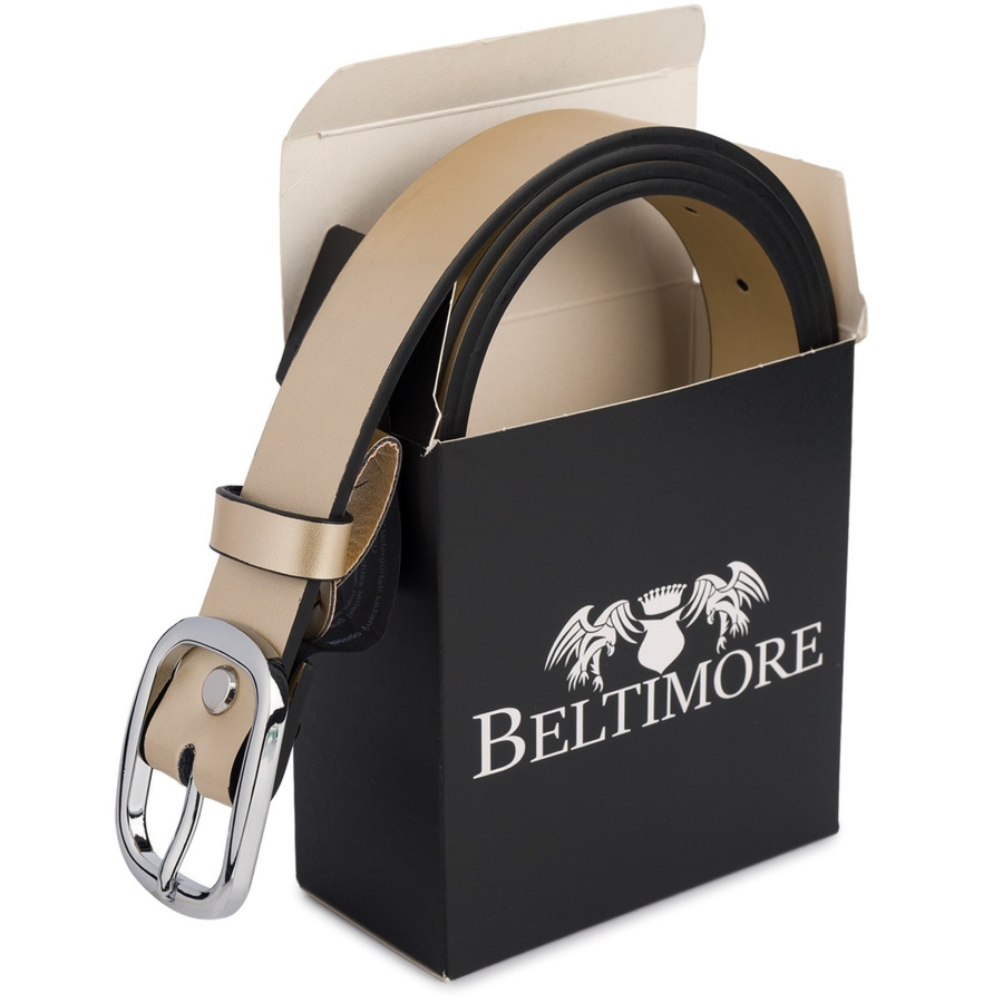 Skórzany damski pasek do spodni 3 cm złoty skóra naturalna Beltimore U46 : Kolory - żółty, złoty, Rozmiar pasków - r.120-135 cm