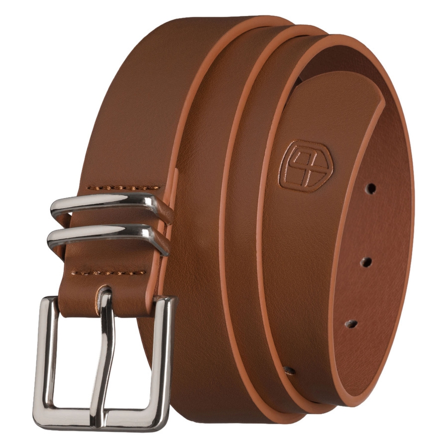 Uniwersalny pasek damski ze skóry ekologicznej w brązowym kolorze ze srebrną klamrą - Peterson