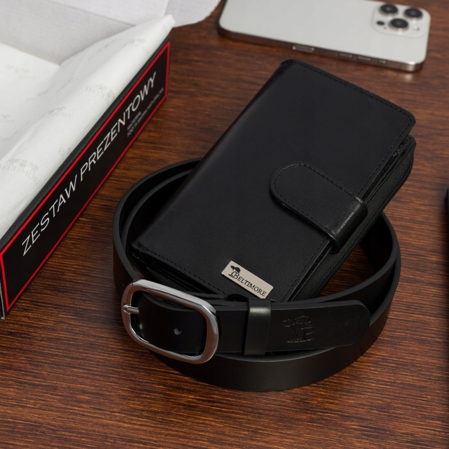 Zestaw prezentowy damski skórzany pasek portfel pudełko premium Beltimore Z45