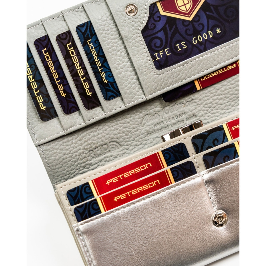 Elegancki, wielokolorowy portfel ze skóry ekologicznej i naturalnej zamykany zatrzaskiem PTN PX24-1-NPK Peterson