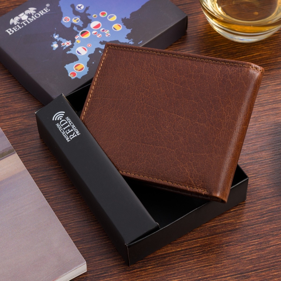 Portfel skórzany męski poziomy klasyczny brązowy RFiD Beltimore D40