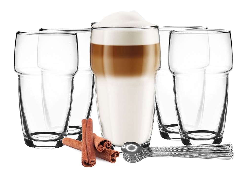 Image of Szklanki do latte, kawy, drinków zestaw 6 szklanek i 6 łyżeczek