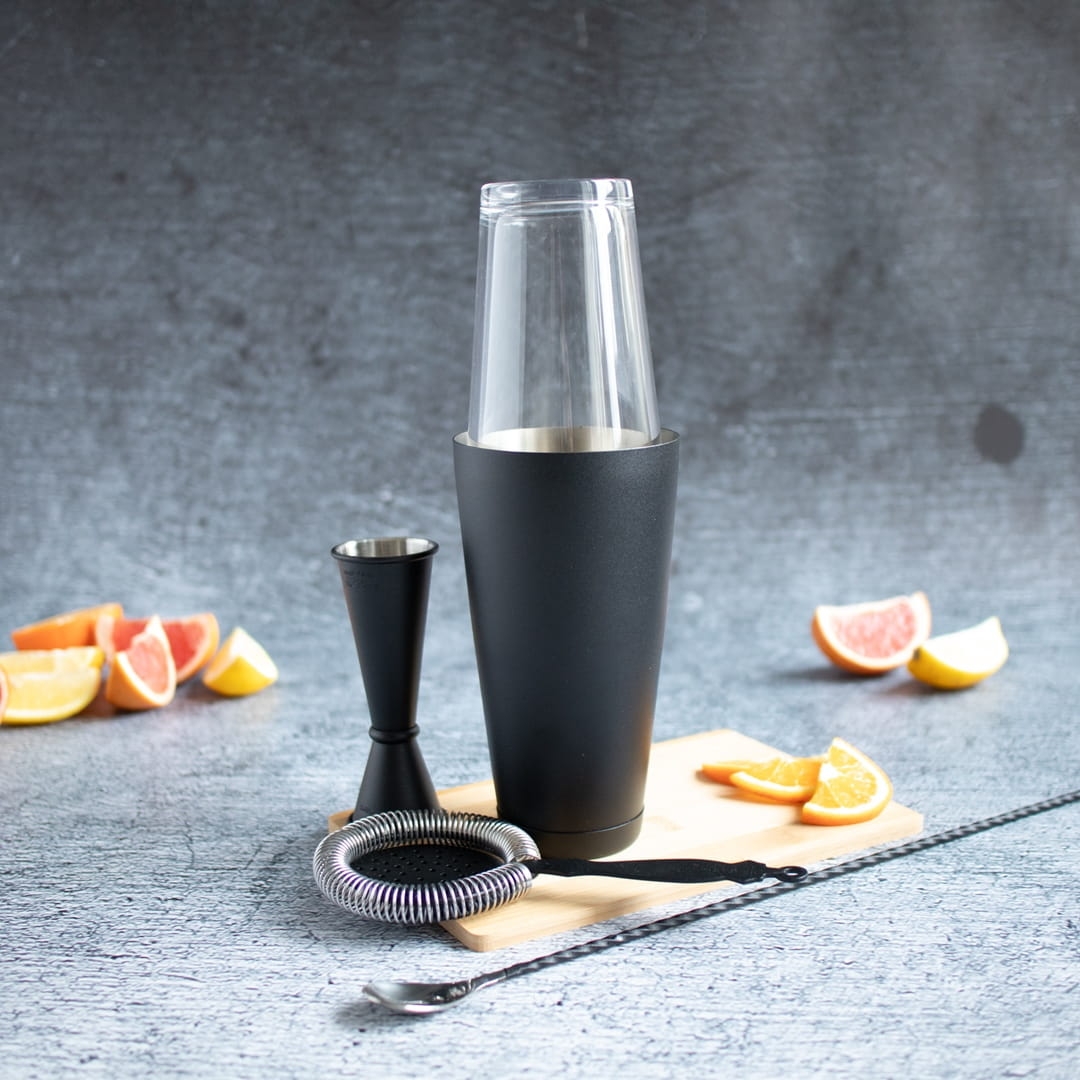 Image of Shaker do drinków bostoński czarny, kubek ze stali nierdzewnej i szklanica 840 i 470 ml