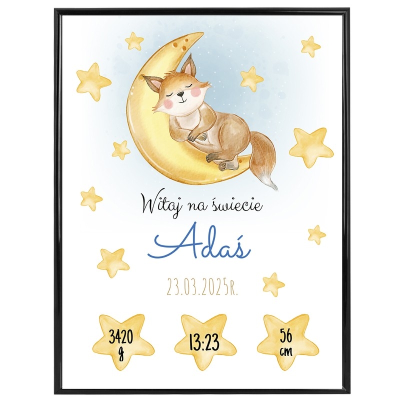 Image of Plakat Metryczka / Księżyc i Gwiazdki / Prezent na Baby Shower / Plakat na narodziny dziecka / szkło