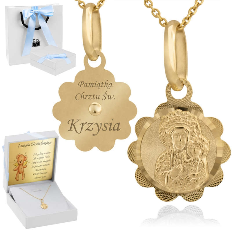 Image of Złoty medalik z łańcuszkiem / Matka Boska Częstochowska / pr. 585 / Personalizacja / Prezent na chrzest dla chłopca / Splot Ankier