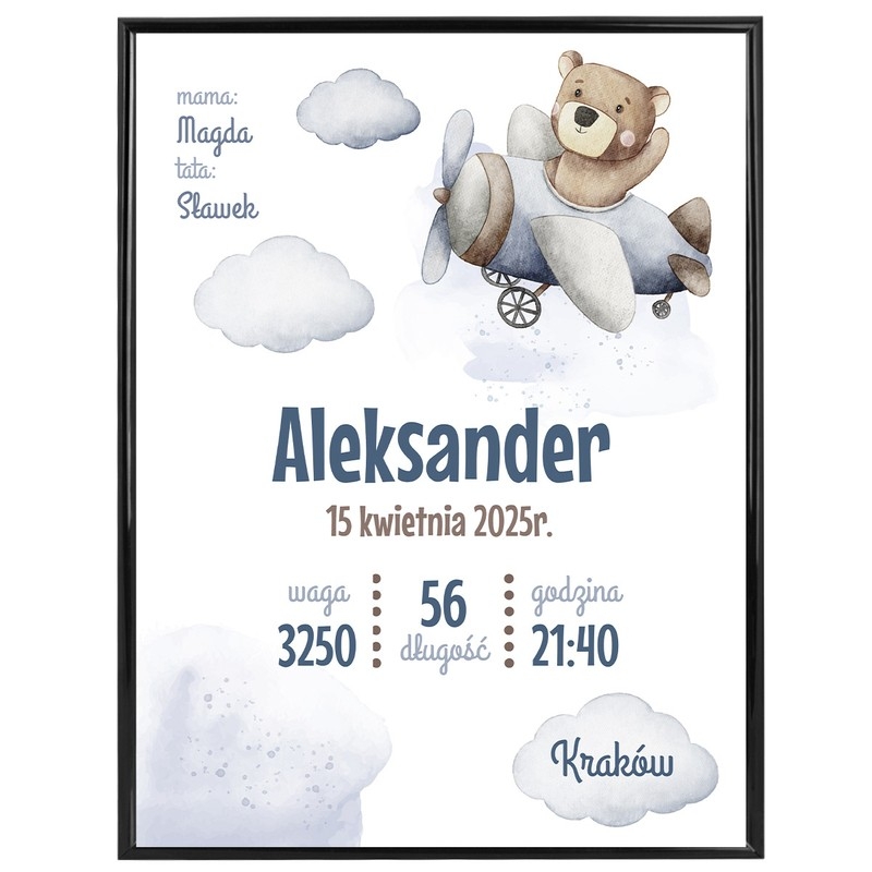 Image of Plakat Metryczka / Prezent na Narodziny dla Chłopca / Miś / Prezent na Baby Shower / szkło