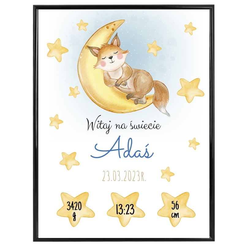 Image of Plakat Metryczka / Księżyc i Gwiazdki / Prezent na Baby Shower / Plakat na narodziny dziecka / plexi