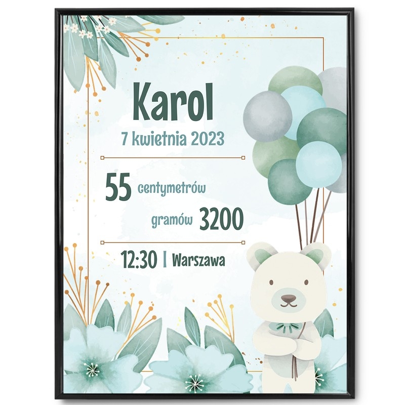 Image of Plakat Metryczka / Prezent na Baby Shower Personalizowany / Prezent na narodziny dziecka Chłopiec / plexi