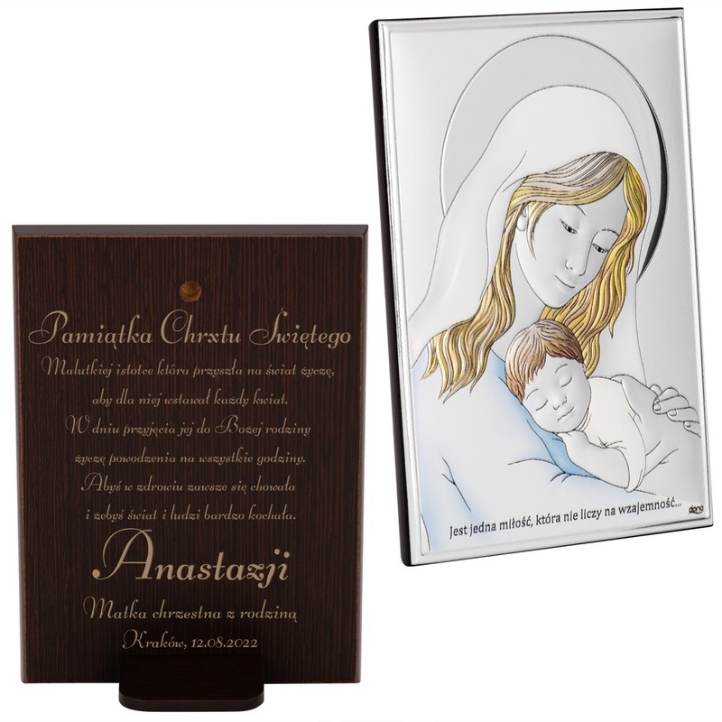Image of Obrazek Madonna z dzieciątkiem / Srebrny / Prezent na Chrzest Święty