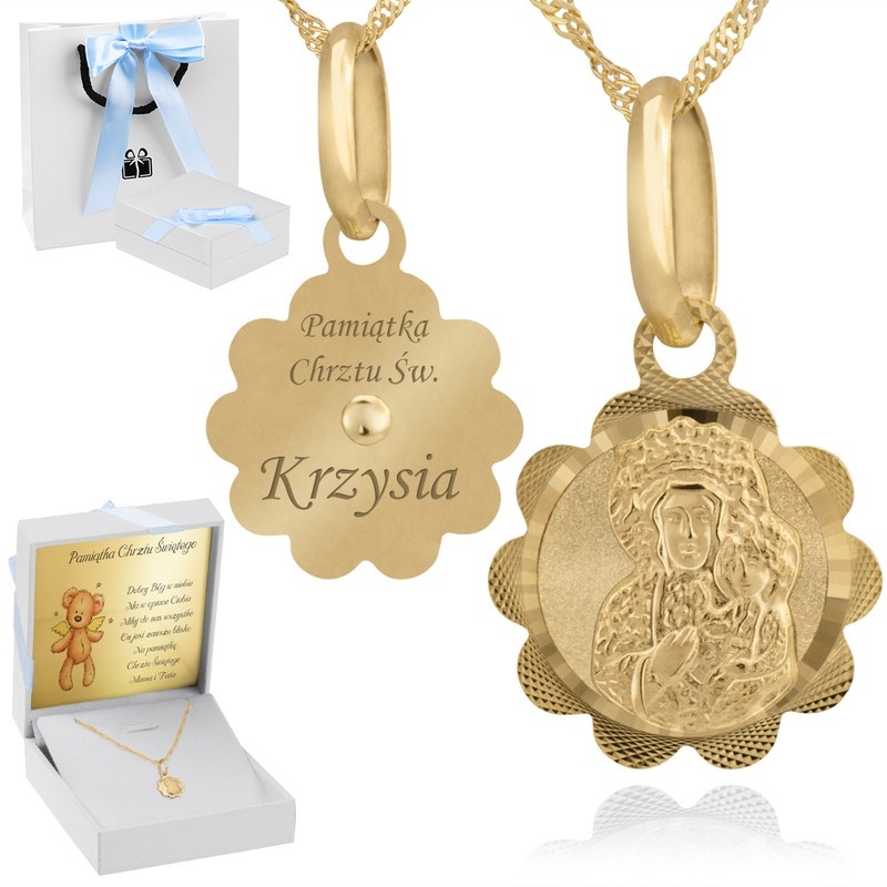 Image of Złoty medalik z łańcuszkiem / Matka Boska Częstochowska / pr. 585 / Personalizacja / Prezent na chrzest dla chłopca / Splot singapur