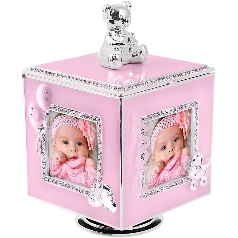 Image of Różowa Karuzela miś z pozytywką, szkatułką i miejscem na 4 zdjęcia na chrzest roczek