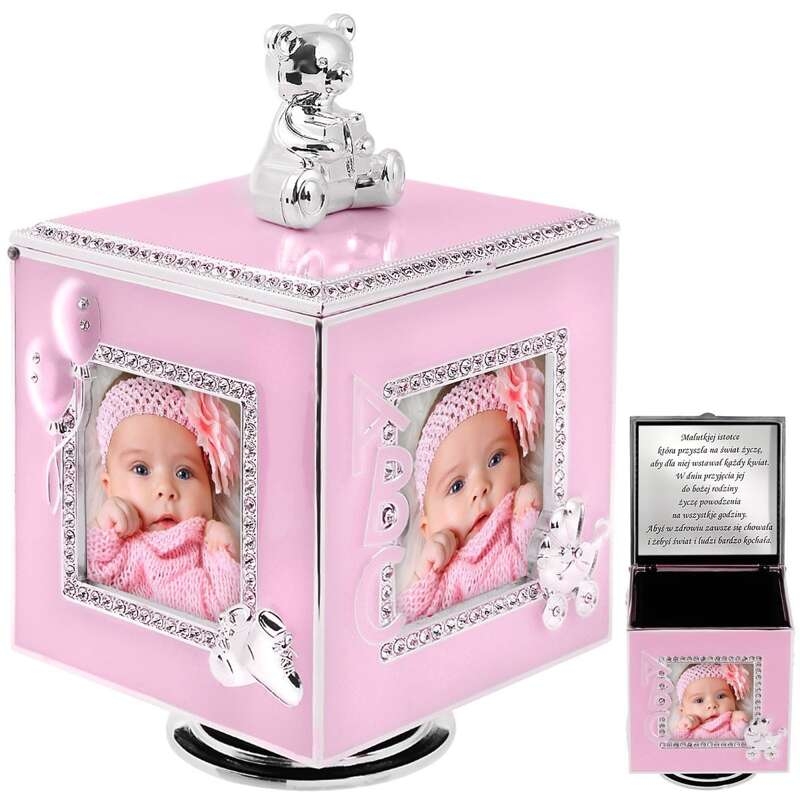 Image of Różowa Karuzela miś z pozytywką, szkatułką i miejscem na 4 zdjęcia na chrzest roczek DEDYKACJA