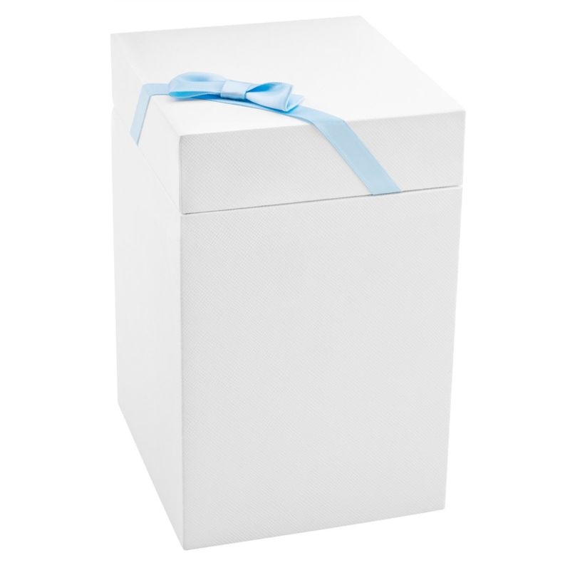 Image of Pudełko prezentowe białe 10x10x17 z niebieską tasiemką