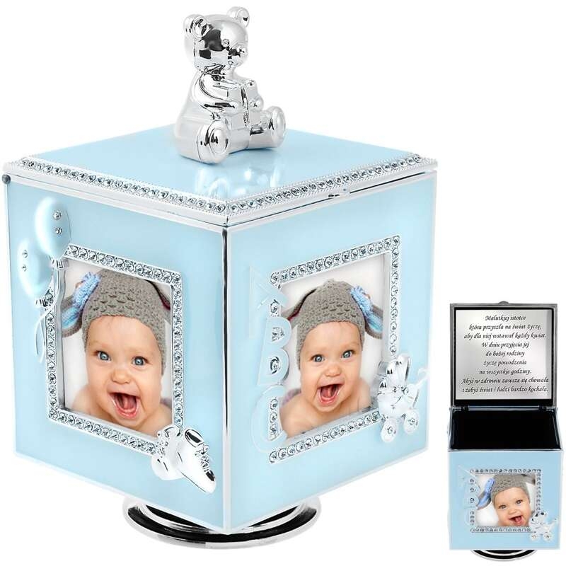 Image of Błękitna Karuzela miś z pozytywką, szkatułką i miejscem na 4 zdjęcia na chrzest roczek DEDYKACJA