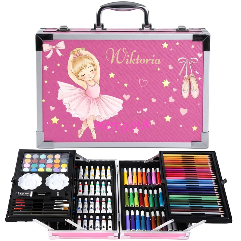 Zestaw plastyczny dla dziewczynki w różowej walizce z imieniem – 145 elementów