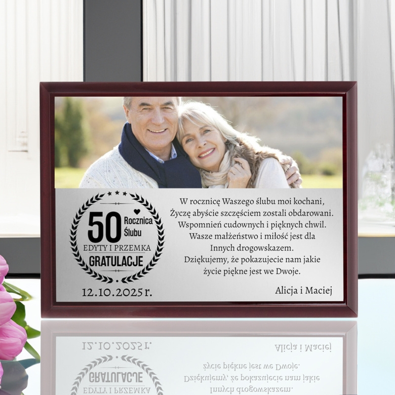 Prezent na rocznicę ślubu / Drewniany panel, srebrna tabliczka, dedykacja