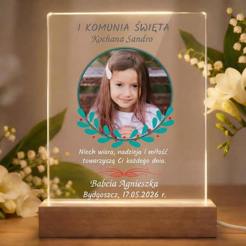 Tabliczka LED na Komunię ze zdjęciem i życzeniami Personalizacja