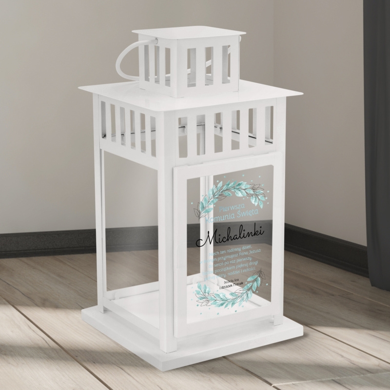 Personalizowany biały lampion – Pamiątka Komunijna z cytatem i pastelową grafiką
