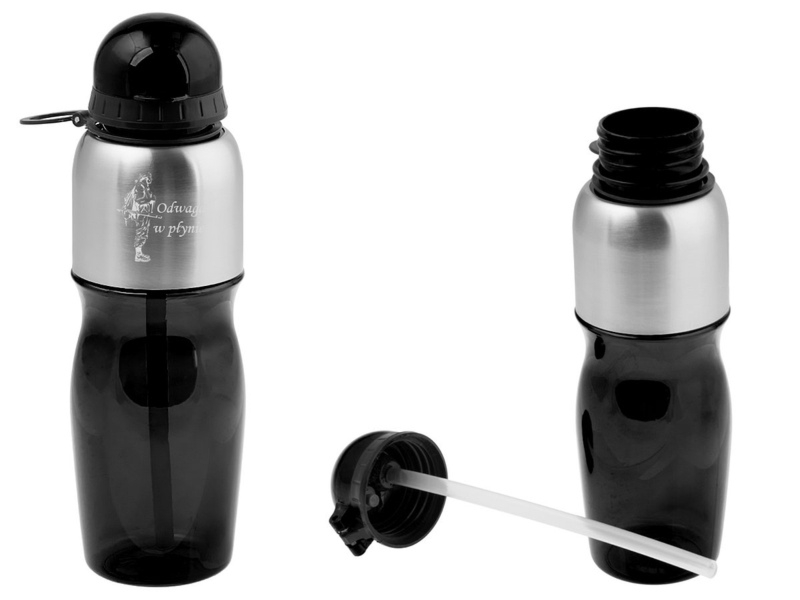 Czarny bidon sportowy z grawerem laserowym na stalowej części