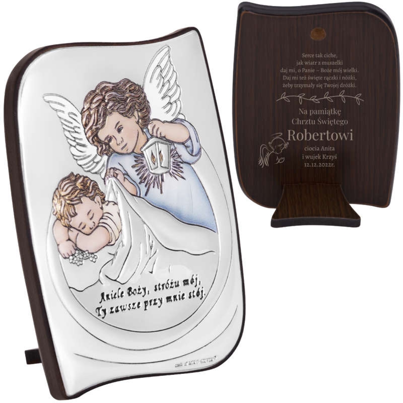 Obrazek Anioł Stróż / Pamiątka chrztu / Stal posrebrzana / Personalizowany Grawer
