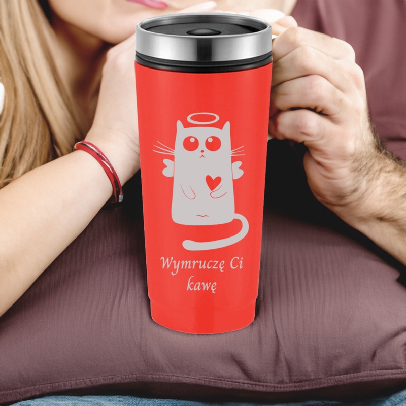 Czerwony kubek termiczny z grawerem laserowym 350 ml na prezent