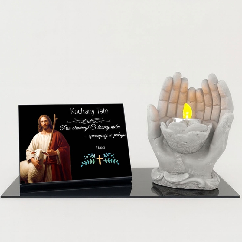 Nagrobny zestaw z czarną tabliczką UV, dłońmi i świeczką LED