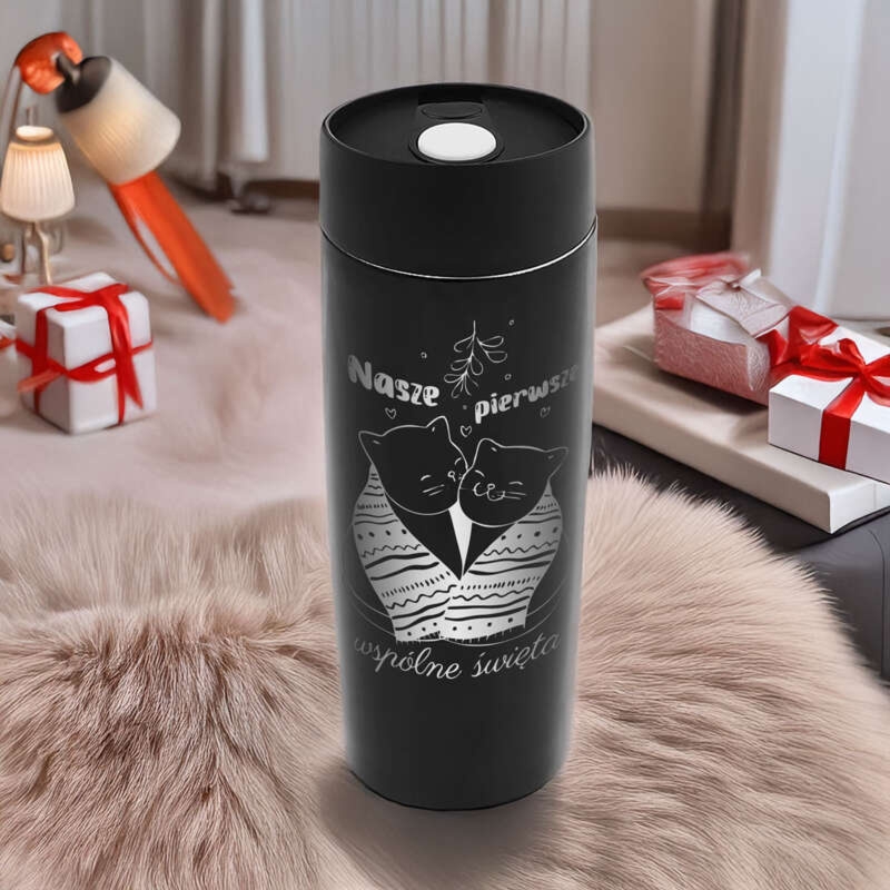 Świąteczny kubek termiczny czarny 350 ml z grawerem laserowym