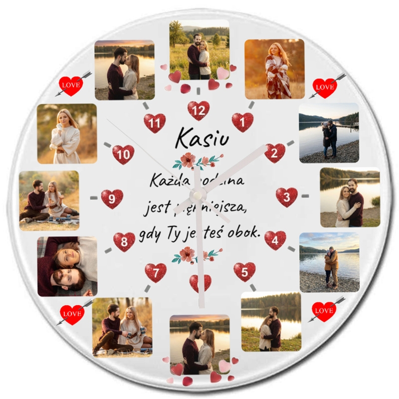 Zegar na Walentynki – szklany kolaż zdjęć z imieniem i dedykacją