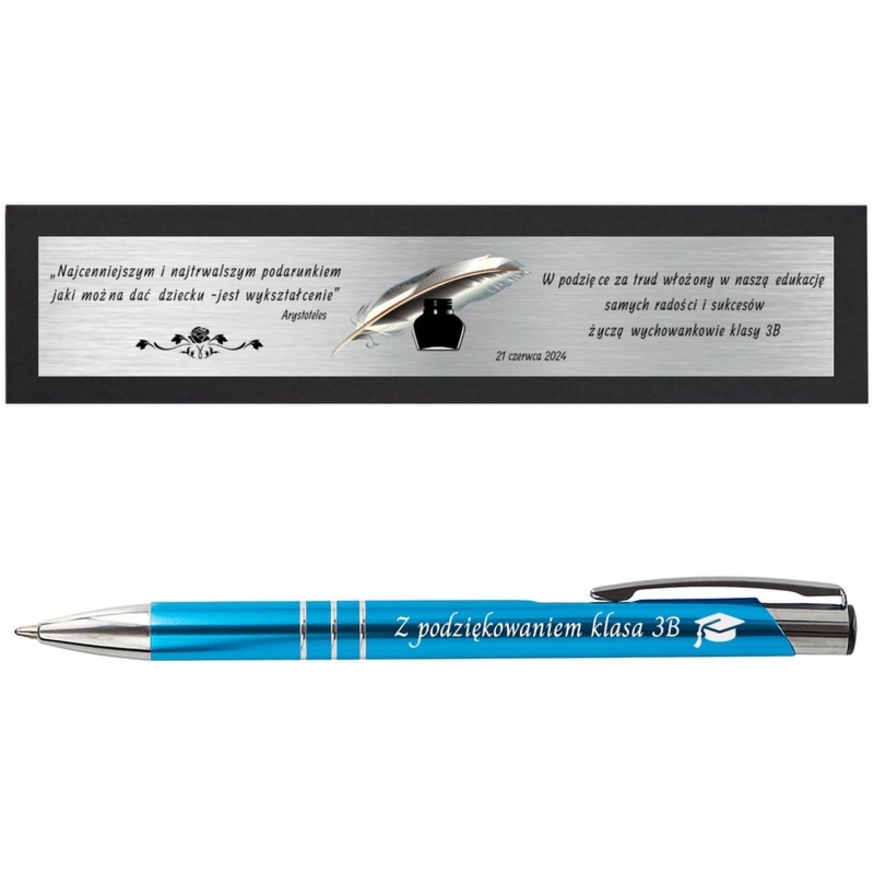 Długopis reklamowy / metalowy / Jasnoniebieski ze srebrnymi wykończeniami / Dedykacja / Grawer / Twoje Logo