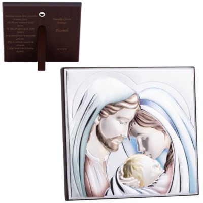 Kolorowy obrazek ze Świętą Rodziną na chrzest z grawerem