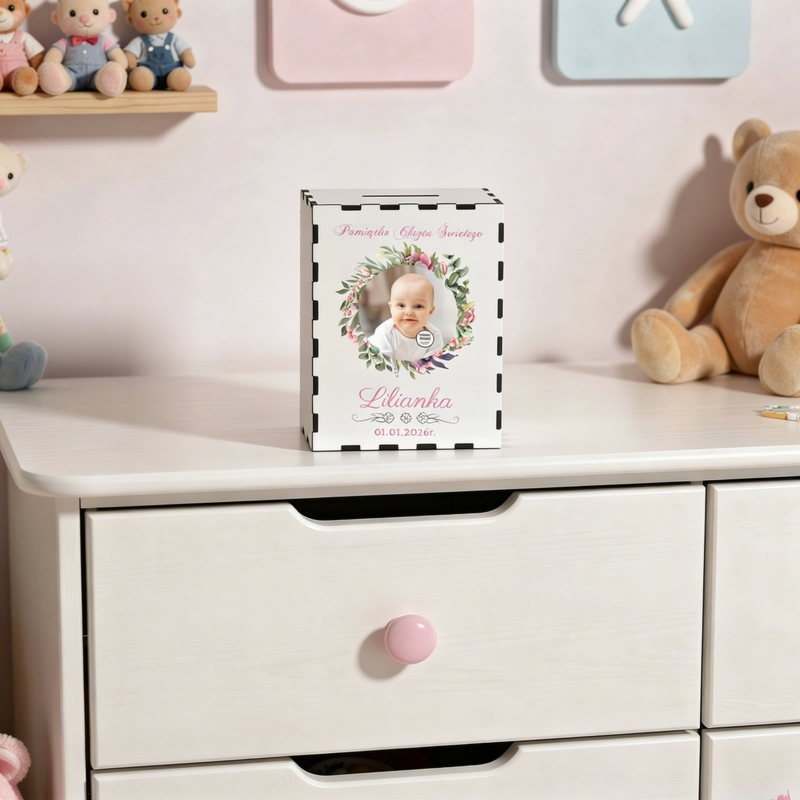 Drewniana skarbonka ze zdjęciem dziecka na Chrzest Święty / Prezent z Nadrukiem