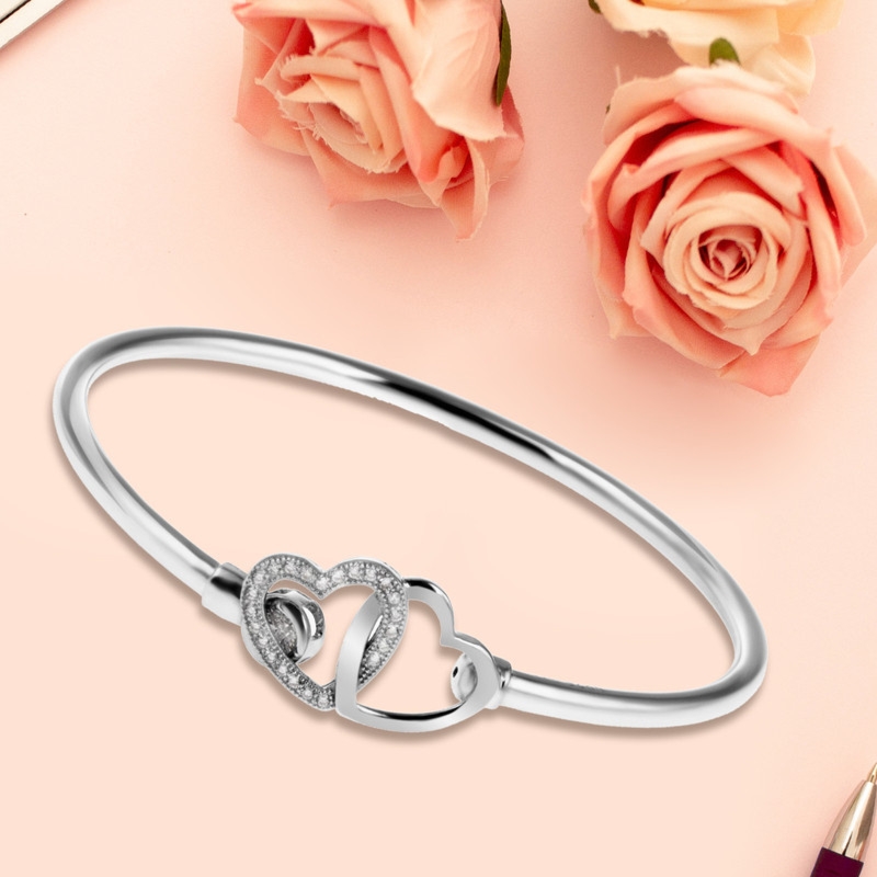 Bransoletka srebrna 925 złączone serca z cyrkoniami + dedykacja
