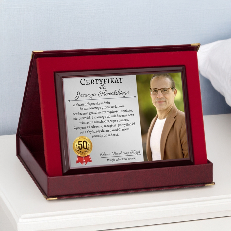 Dyplom na urodziny / Drewniany panel, srebrna tabliczka, etui, dedykacja / Prezent na urodziny