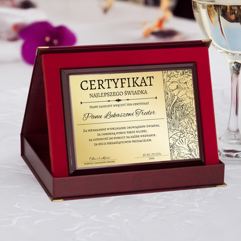 Podziękowania dla świadków / Drewniany panel, złota tabliczka, etui, dedykacja