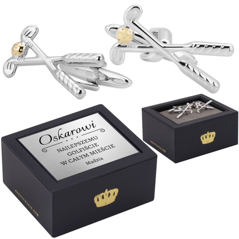 Posrebrzane spinki do Mankietów / Prezent z personalizacją / Kije do golfa / Prezent dla golfisty