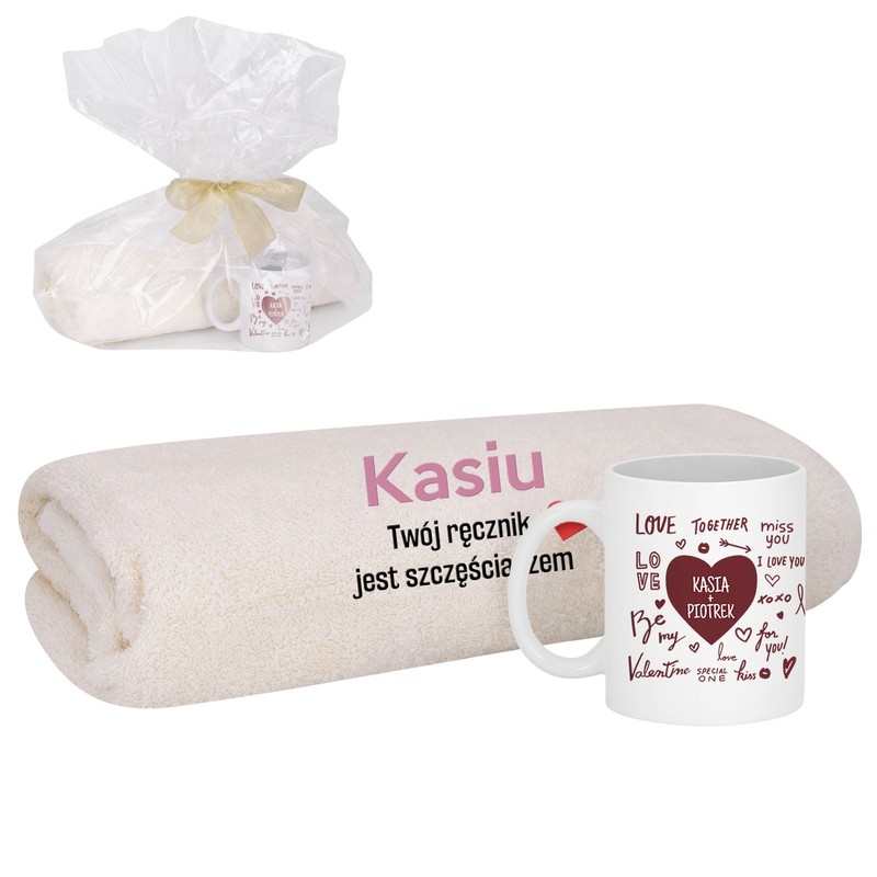 Image of Zestaw na Walentynki / Kubek + Ręcznik kąpielowy 90x50 / Personalizacja / Prezent dla Niej / Nadruk Haft