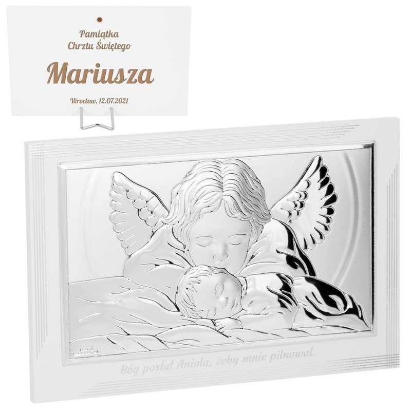 Posrebrzany obrazek Anioł Stróż na Chrzest z grawerem laserowym
