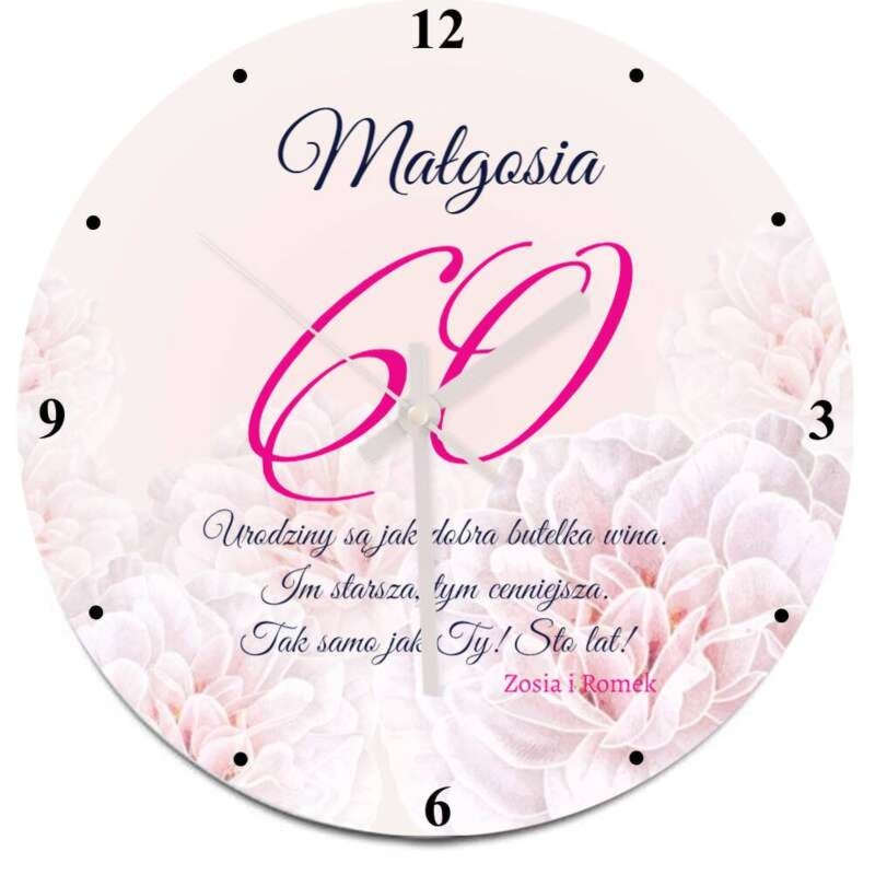 Okrągły szklany zegar na urodziny z personalizacją UV, delikatne kwiaty