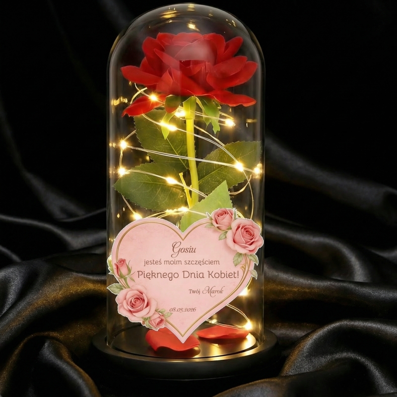 Róża w szklanej kopule z lampkami LED i personalizowaną dedykacją w sercu – prezent na Dzień Kobiet